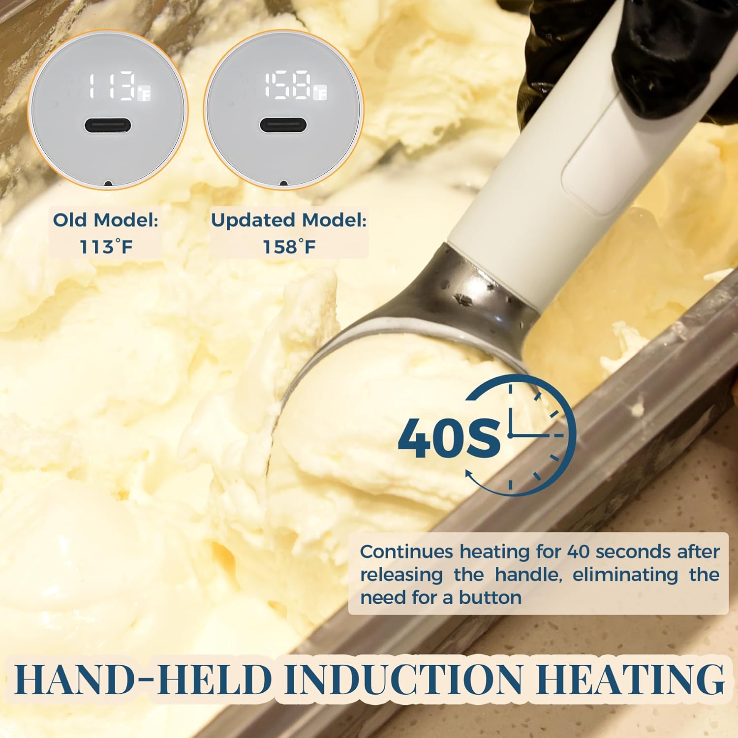 Heated Ice Cream Scoop Rechargeable, Electric Warming Ice Cream Scooper with LED Display, Heats to 158°F for Hard Ice Cream, Easy for Seniors & Kids